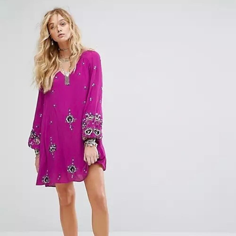 FREE PEOPLE Oxford Embroidered Mini Dress Magenta Small S